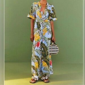 NEW Farm Rio Striped Bananas Print Jumpsuit In Blue Multi Women's Size XL